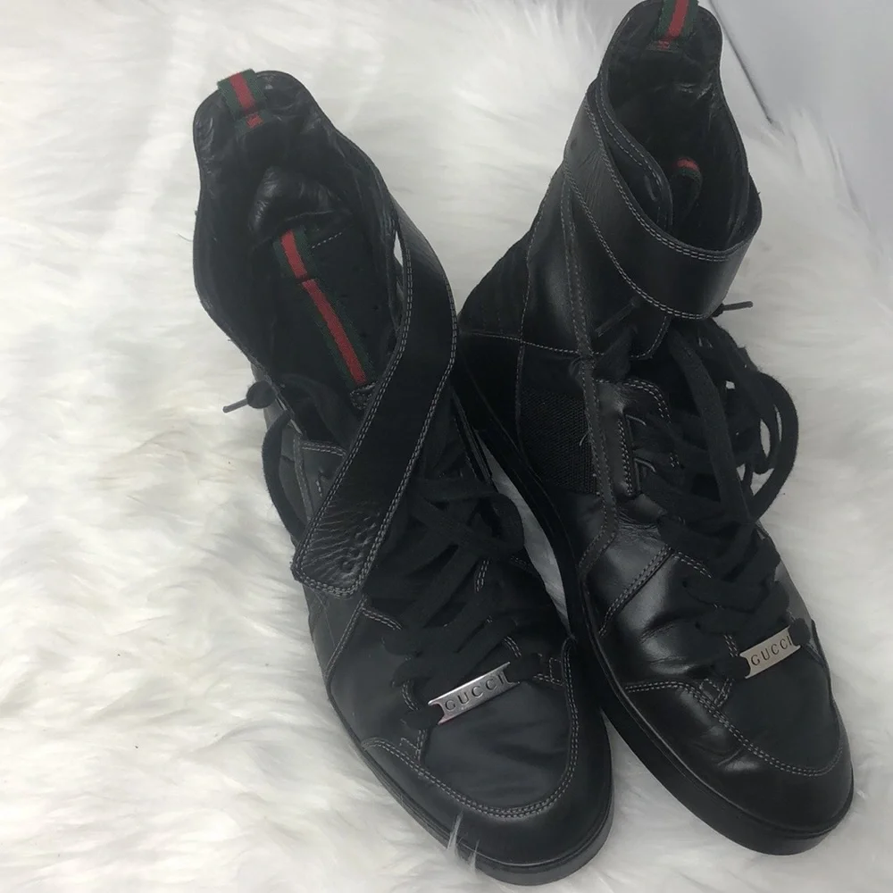 Gucci Leather High Top Strap Sneakers Men’s Size 7G Black Web Trim Italy